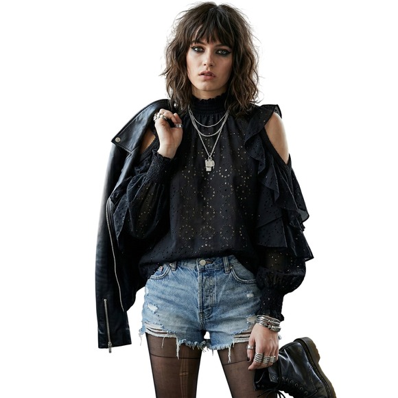 MAJE Paris Metallic Eyelet Ruffle Cold-Shoulder Blouse Sheer Size 1/S NWOT $325 - Picture 6 of 9